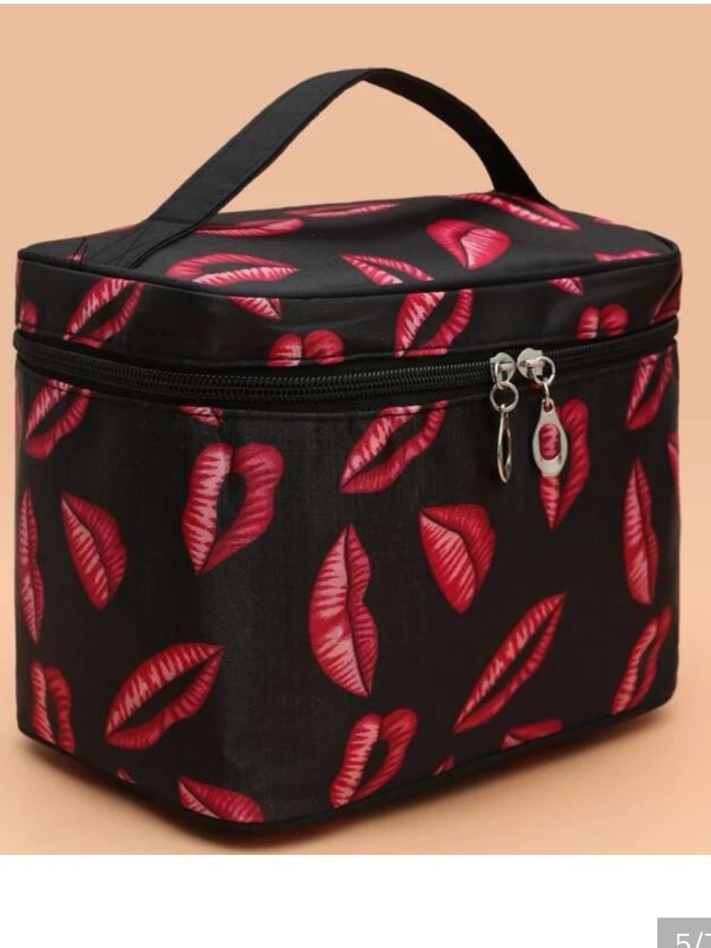 Black Cosmetic Train Case with Pink Lip Print - Women Bags